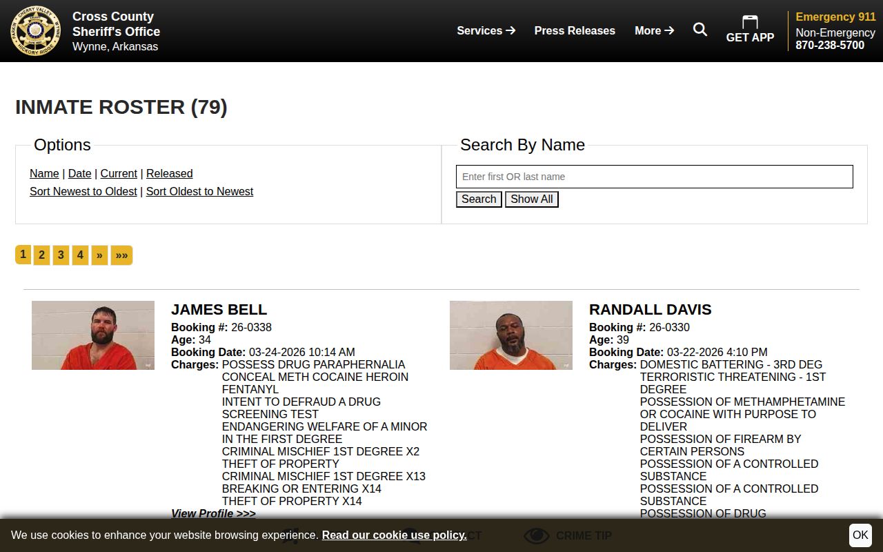 Cross County Sheriff's Office inmate roster search page