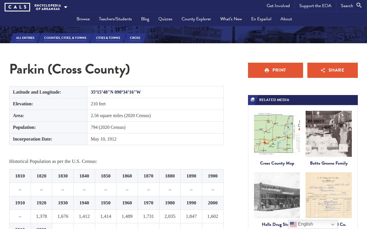 Encyclopedia of Arkansas entry for Parkin in Cross County