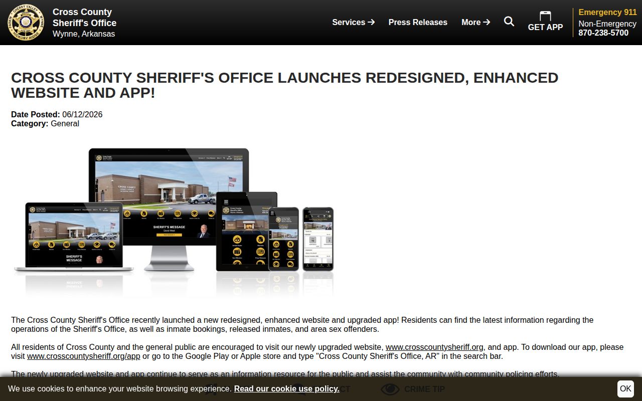 Cross County Sheriff's Office website and app announcement describing roster access