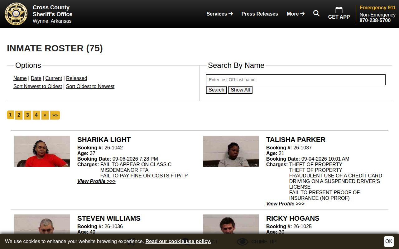 Official Cross County current inmate roster interface