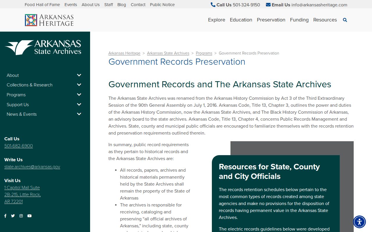 Arkansas State Archives government records preservation page