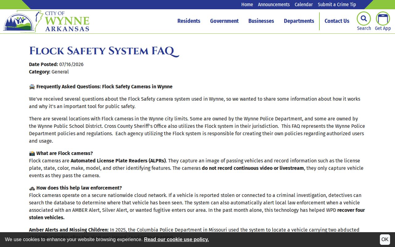 City of Wynne Flock camera frequently asked questions page