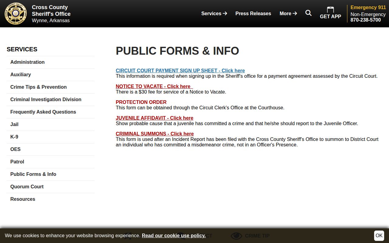 Cross County Sheriff's Office public forms and information page